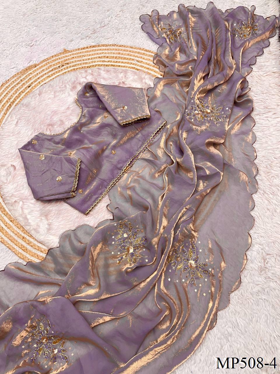 Beautifull Fandy Sattin With Cut Dana Hand Work Saree