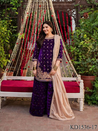 Heavy Viscose Velvet With Sequience With Pearl Work Top Plazzo