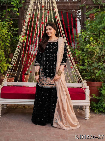 Heavy Viscose Velvet With Sequience With Pearl Work Top Plazzo