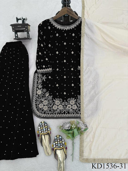 Heavy Viscose Velvet With Sequience With Pearl Work Top Plazzo