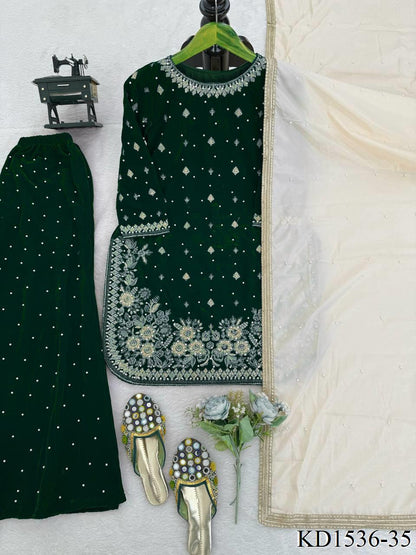 Heavy Viscose Velvet With Sequience With Pearl Work Top Plazzo