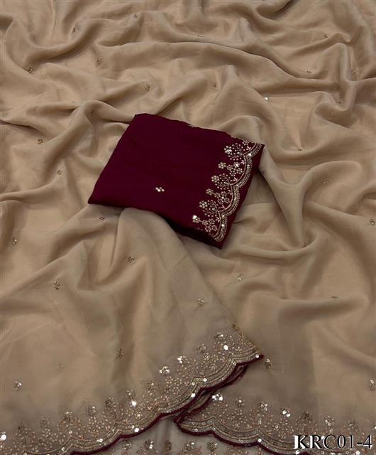 Beige Color Georgette Embroidery Work Saree