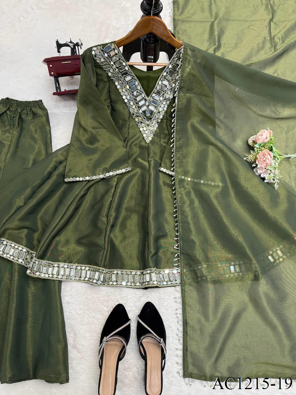 Real Mirror Work Neha Bhanderi White Color Chinon With Beautifull Coding Work Top Plazzo