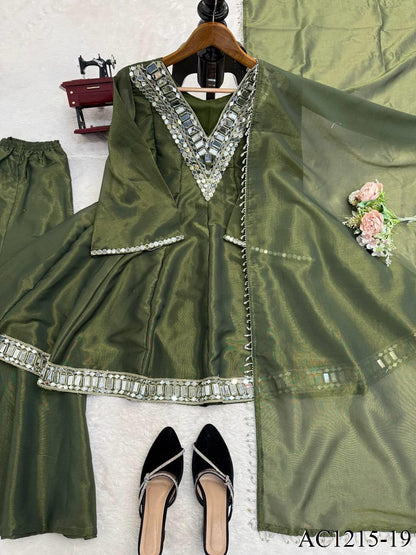 Real Mirror Work Neha Bhanderi White Color Chinon With Beautifull Coding Work Top Plazzo