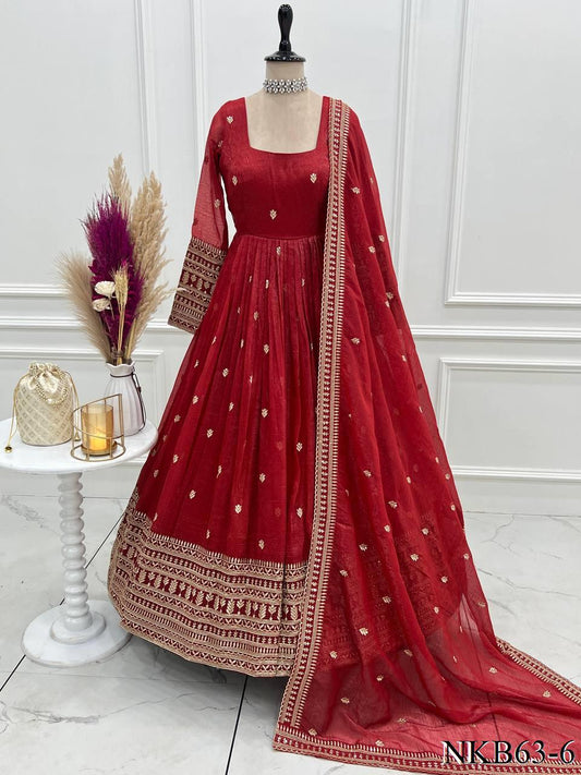 Red Color Crunchy Silk With Embroidery Zari Work Gown