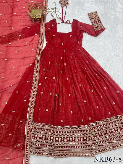 Red Color Crunchy Silk With Embroidery Zari Work Gown
