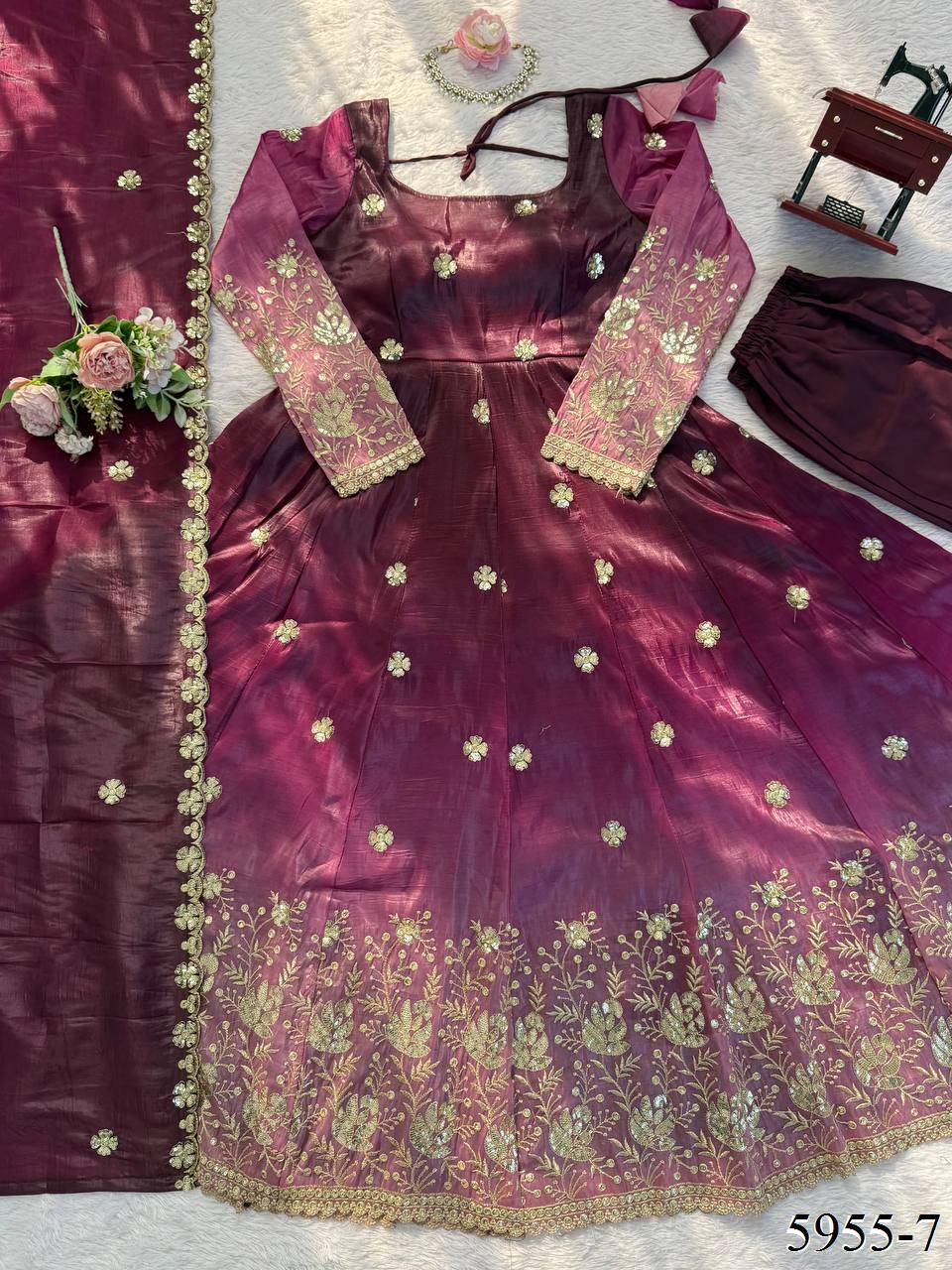 Chinon Silk Anarkali Suit with Thread & Sequin Work and Dupatta