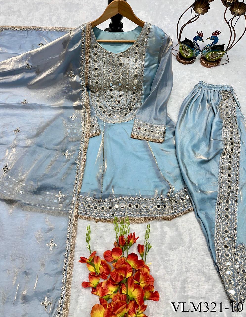 Beautiful Soft Rich Heavy Fendy Silk With Embroidery & Real Mirror Work Dhoti Suit Set