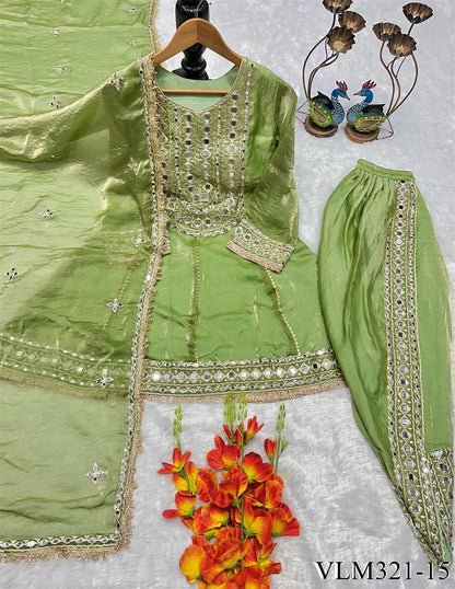 Beautiful Soft Rich Heavy Fendy Silk With Embroidery & Real Mirror Work Dhoti Suit Set