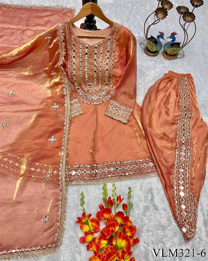 Beautiful Soft Rich Heavy Fendy Silk With Embroidery & Real Mirror Work Dhoti Suit Set
