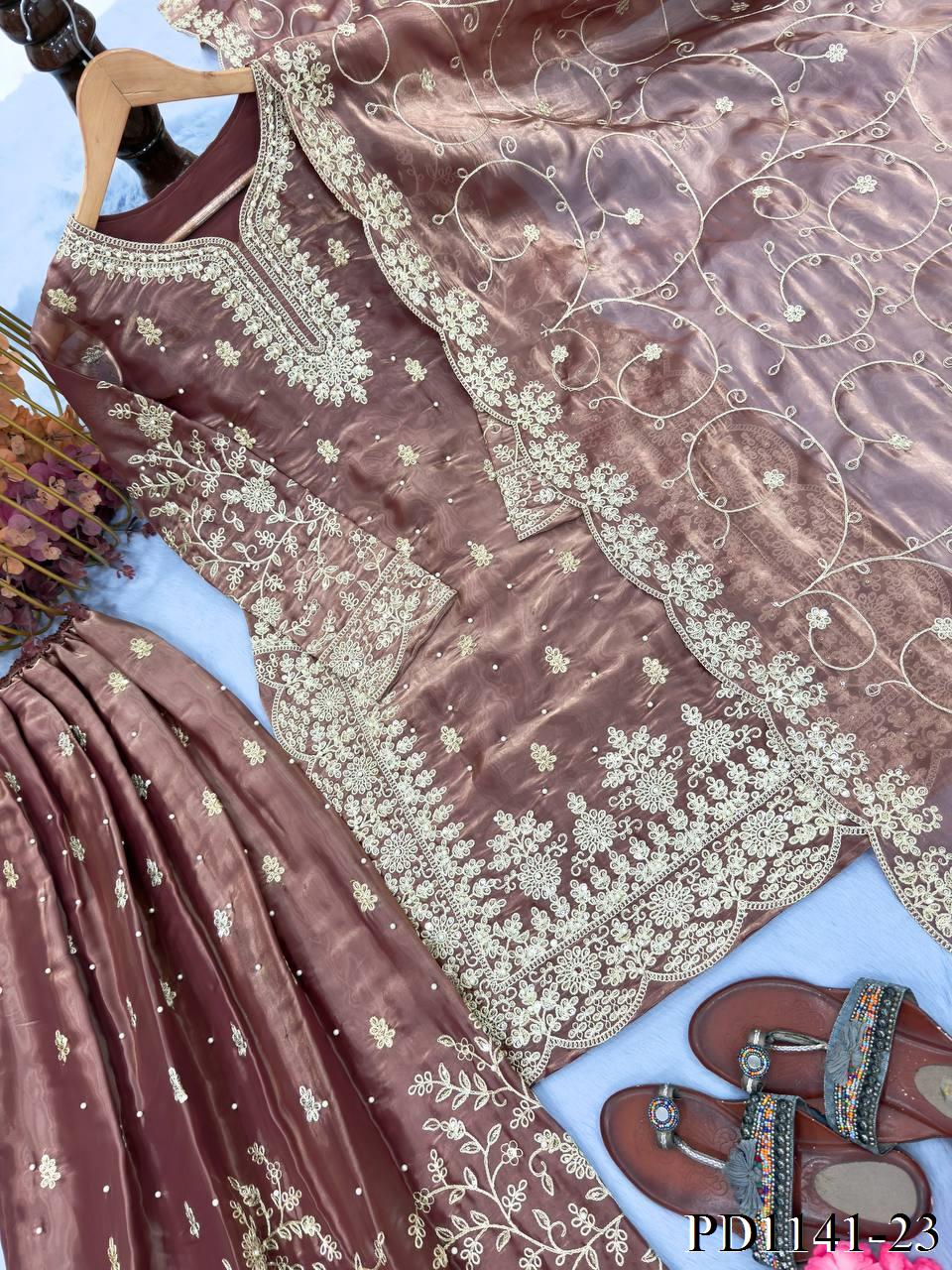 Beautiful Elegant Royal Look Embroidery Sequence & Coding Dori Work Silk Plazzo Set