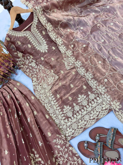 Beautiful Elegant Royal Look Embroidery Sequence & Coding Dori Work Silk Plazzo Set