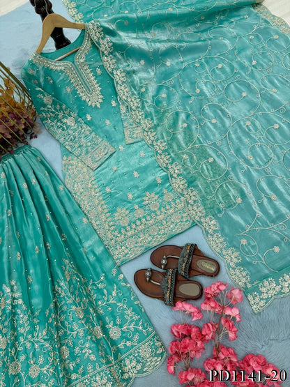 Beautiful Elegant Royal Look Embroidery Sequence & Coding Dori Work Silk Plazzo Set