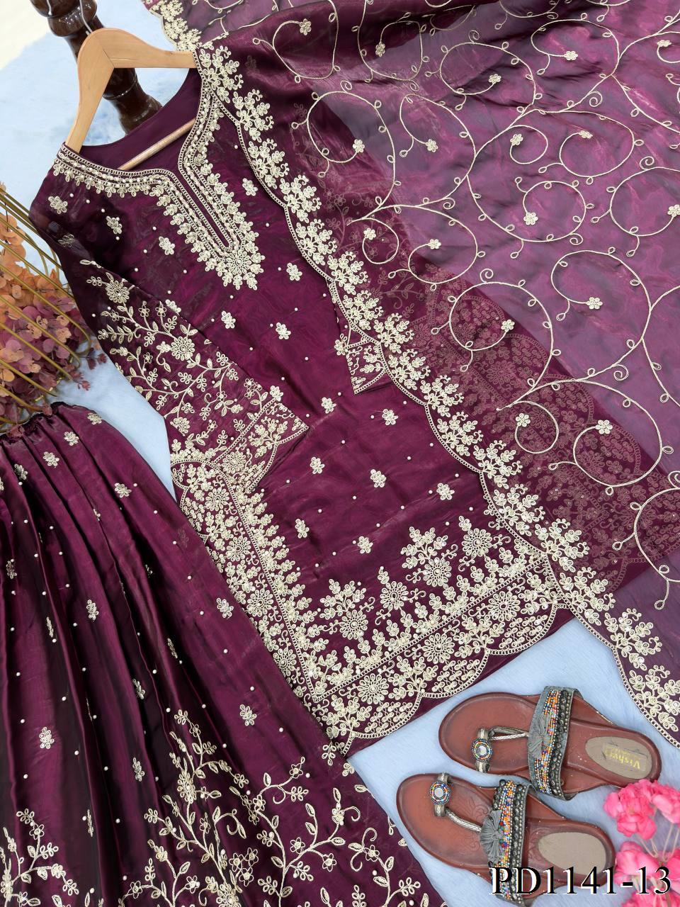 Beautiful Elegant Royal Look Embroidery Sequence & Coding Dori Work Silk Plazzo Set