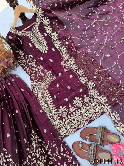 Beautiful Elegant Royal Look Embroidery Sequence & Coding Dori Work Silk Plazzo Set