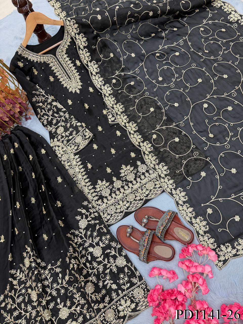 Beautiful Elegant Royal Look Embroidery Sequence & Coding Dori Work Silk Plazzo Set