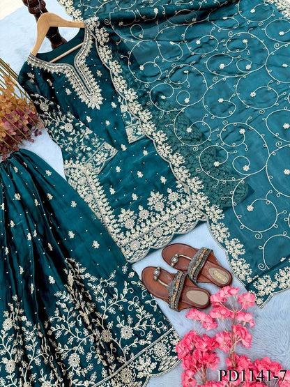 Beautiful Elegant Royal Look Embroidery Sequence & Coding Dori Work Silk Plazzo Set