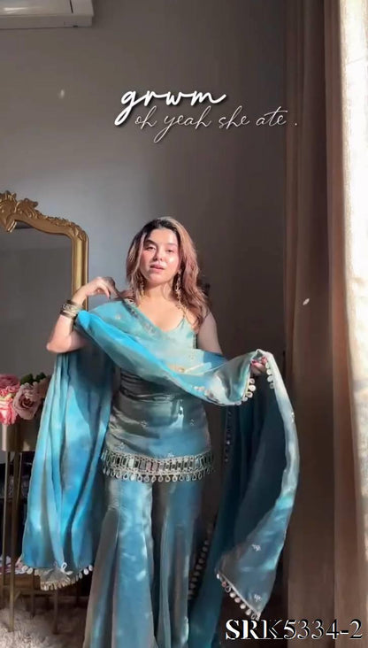 Beautiful Soft Rich Fendy Silk Embroidery Sequence & Mirror Work Plazzo Set