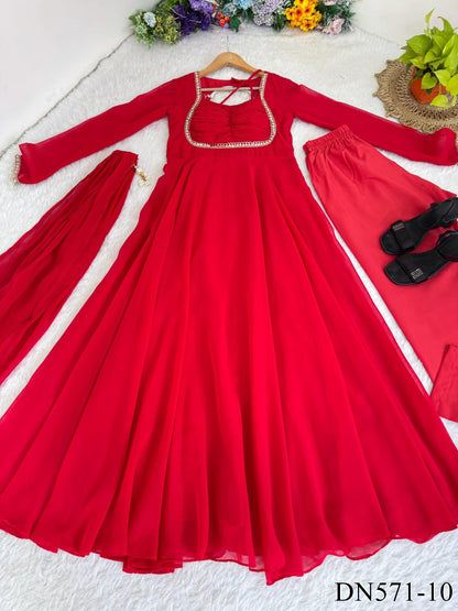 Beautiful Fox Georgette Anarkali Suit With Sequence Embroidery And Moti Lace Work