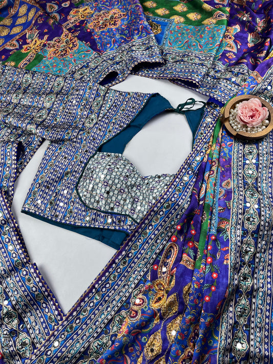 Beautiful Elegant Rich Look Japan Satin Saree With Digital Print Aari Work