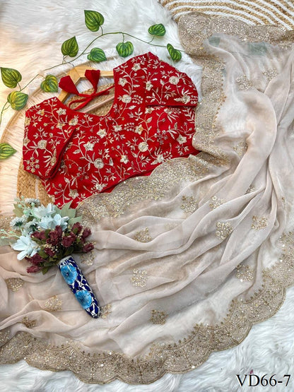 Beautiful Rich Moss Fabric Saree With Elegant Sequence Zari & Embroidery Work