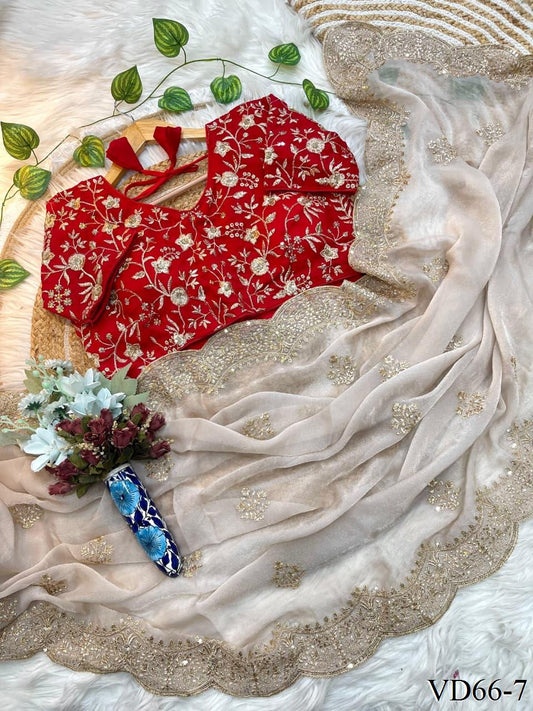 Beautiful Rich Moss Fabric Saree With Elegant Sequence Zari & Embroidery Work