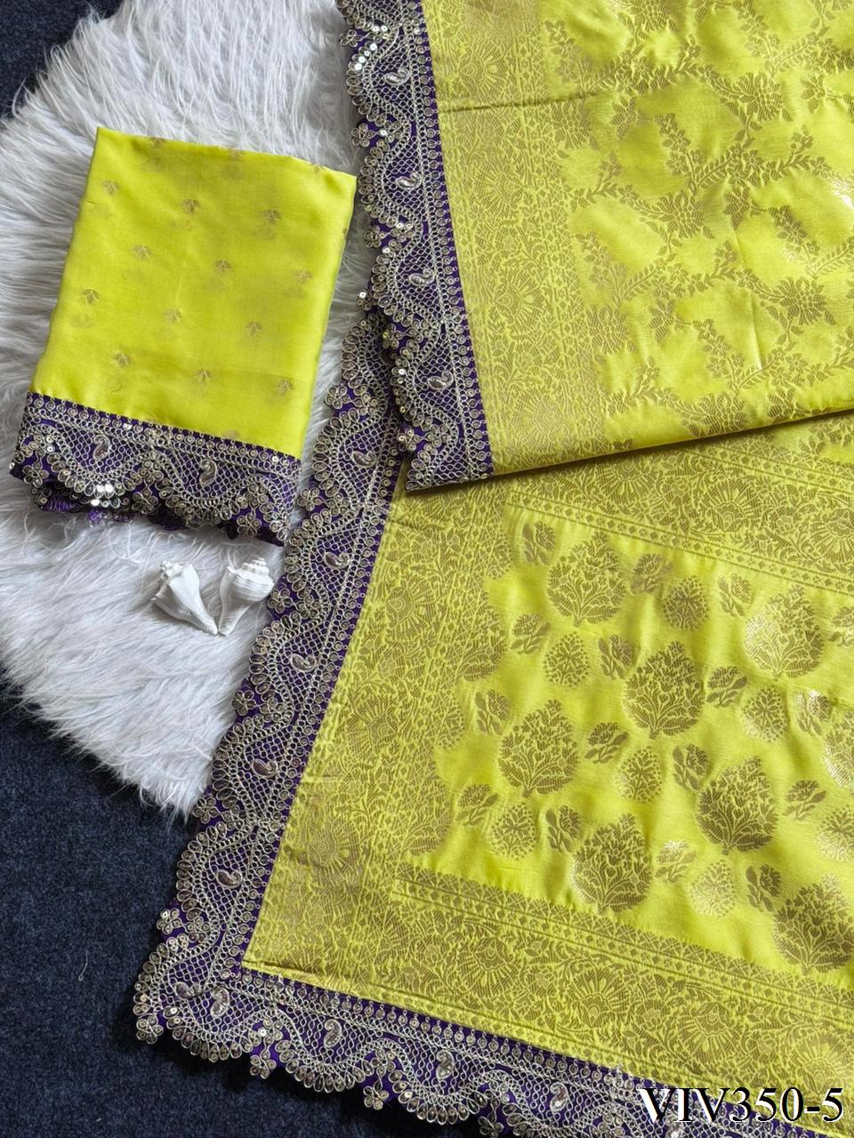 Beautiful Soft Kattan Silk With Pure Zari Weaving Floral Embroidery Coding & Sequence Border in saree