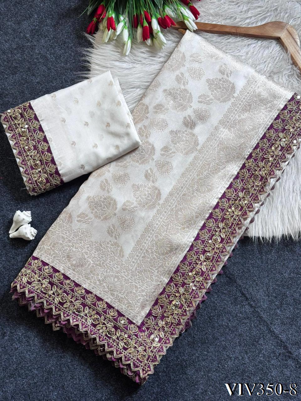 Beautiful Soft Kattan Silk With Pure Zari Weaving Floral Embroidery Coding & Sequence Border in saree