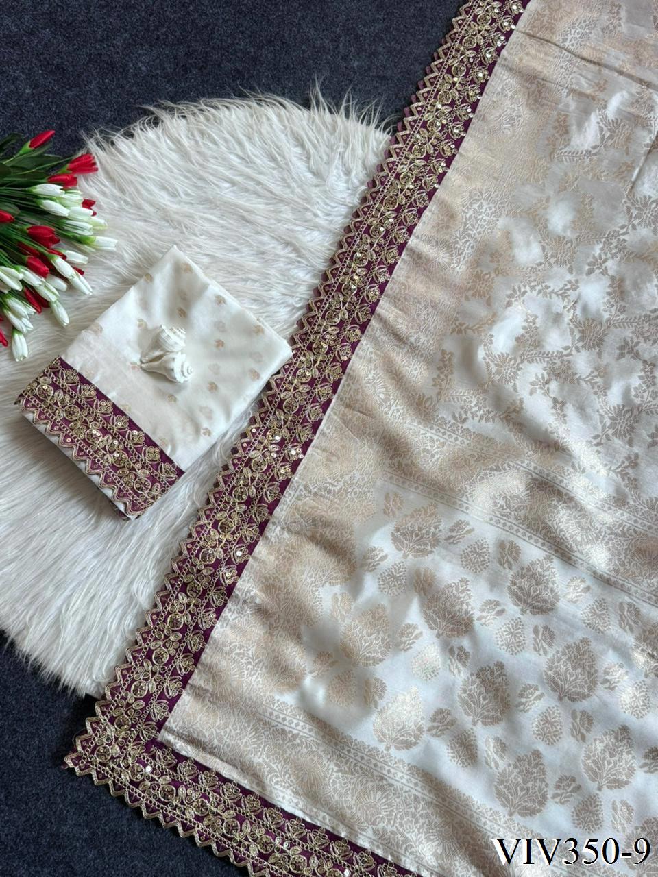 Beautiful Soft Kattan Silk With Pure Zari Weaving Floral Embroidery Coding & Sequence Border in saree