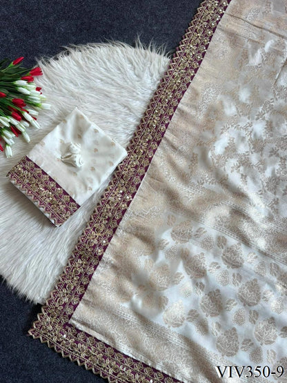 Beautiful Soft Kattan Silk With Pure Zari Weaving Floral Embroidery Coding & Sequence Border in saree