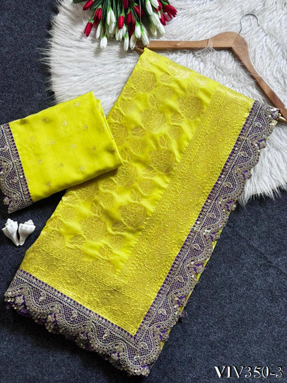 Beautiful Soft Kattan Silk With Pure Zari Weaving Floral Embroidery Coding & Sequence Border in saree