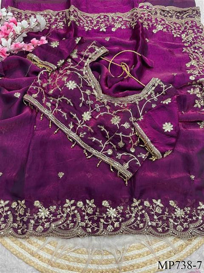 Beautiful Soft Rich Fendy Satin Silk With Sequence Embroidery Work Saree