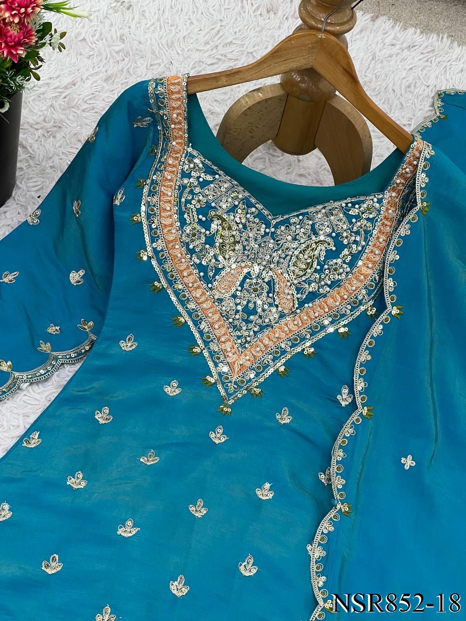 Heavy Shimar Silk Top Palazzo Set with Embroidery & Sequin Work