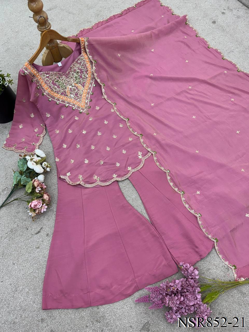 Heavy Shimar Silk Top Palazzo Set with Embroidery & Sequin Work