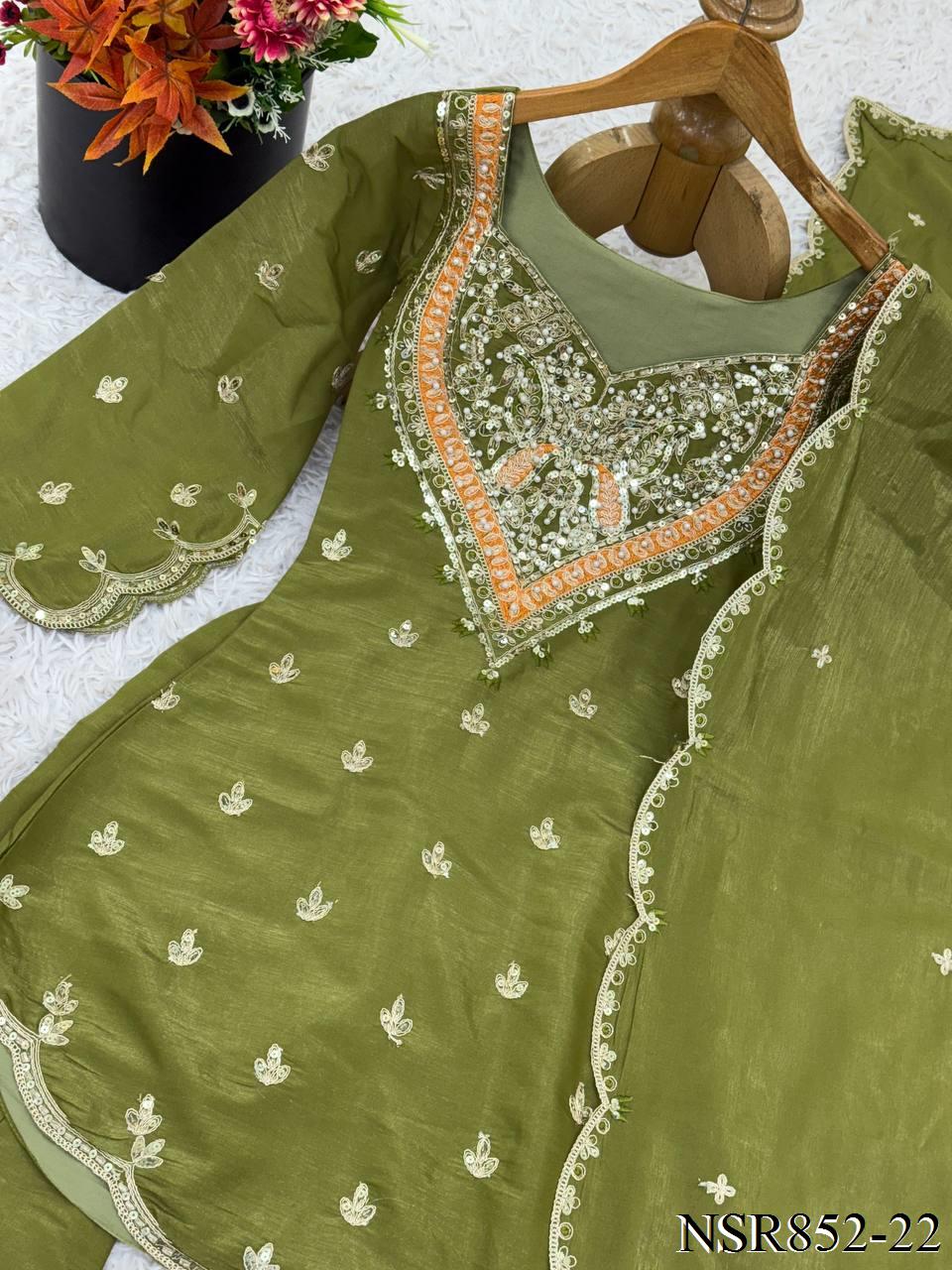 Heavy Shimar Silk Top Palazzo Set with Embroidery & Sequin Work
