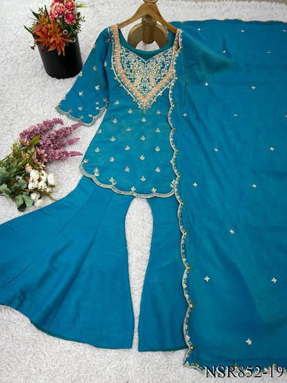 Heavy Shimar Silk Top Palazzo Set with Embroidery & Sequin Work