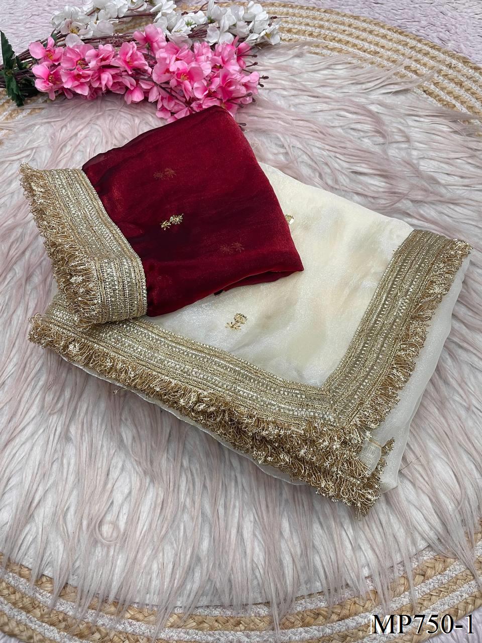 Beautiful Elegant Rich Look Fandy Satin Saree With Sequence Butti & Elegant Designer Lace Border