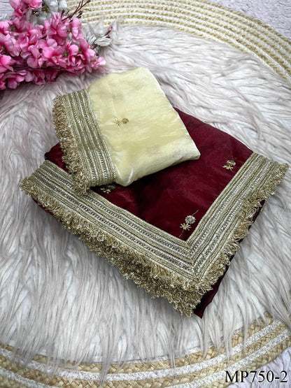 Beautiful Elegant Rich Look Fandy Satin Saree With Sequence Butti & Elegant Designer Lace Border