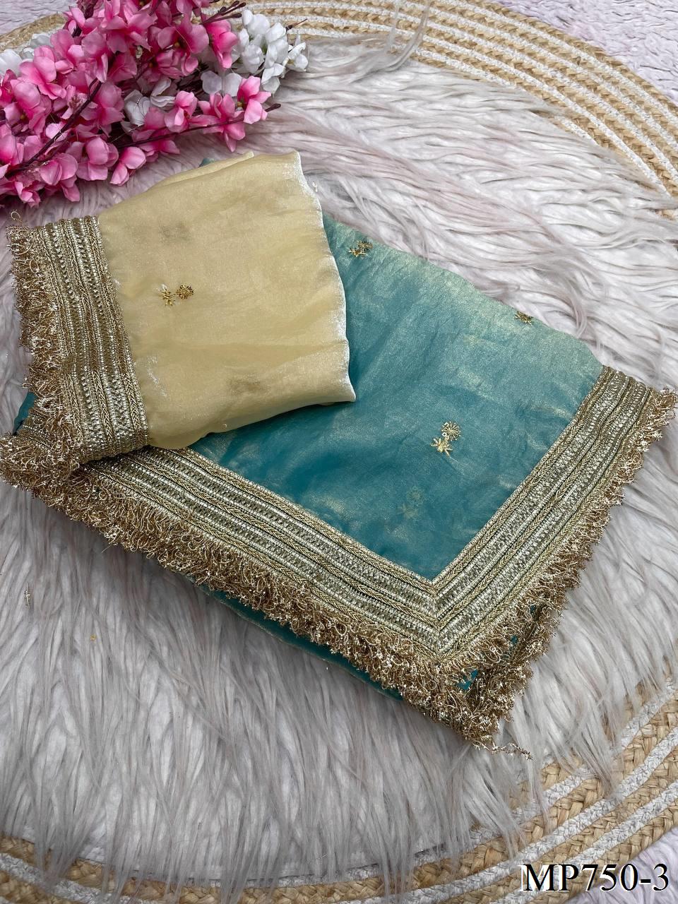 Beautiful Elegant Rich Look Fandy Satin Saree With Sequence Butti & Elegant Designer Lace Border