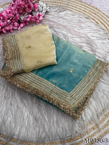 Beautiful Elegant Rich Look Fandy Satin Saree With Sequence Butti & Elegant Designer Lace Border