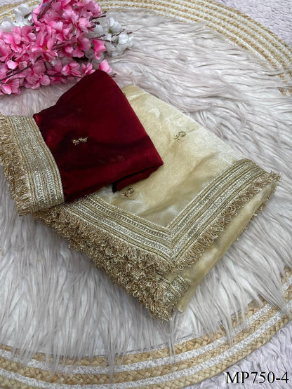 Beautiful Elegant Rich Look Fandy Satin Saree With Sequence Butti & Elegant Designer Lace Border