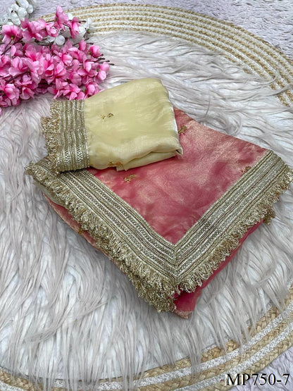 Beautiful Elegant Rich Look Fandy Satin Saree With Sequence Butti & Elegant Designer Lace Border
