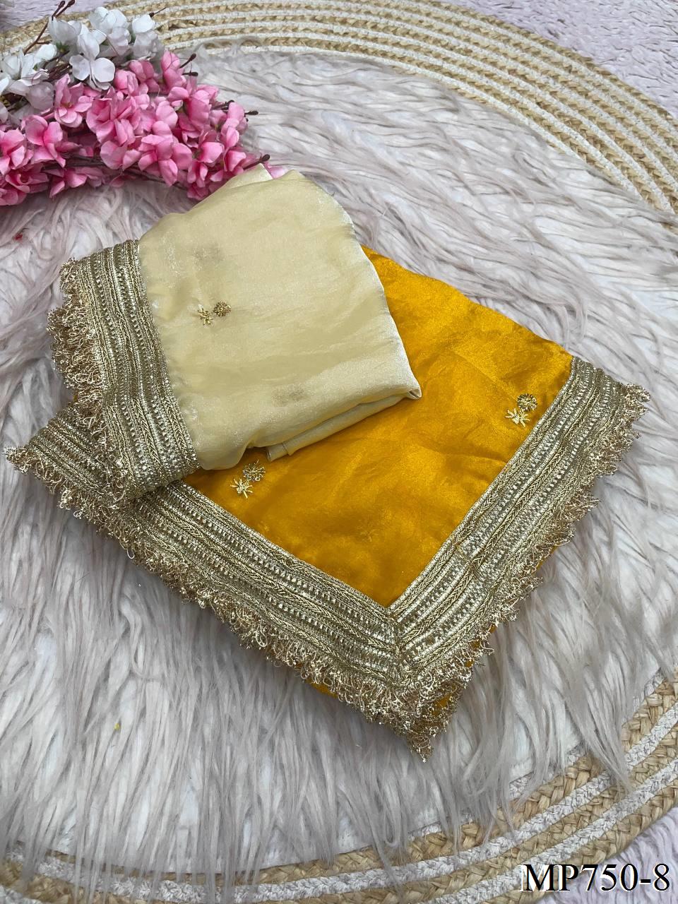 Beautiful Elegant Rich Look Fandy Satin Saree With Sequence Butti & Elegant Designer Lace Border