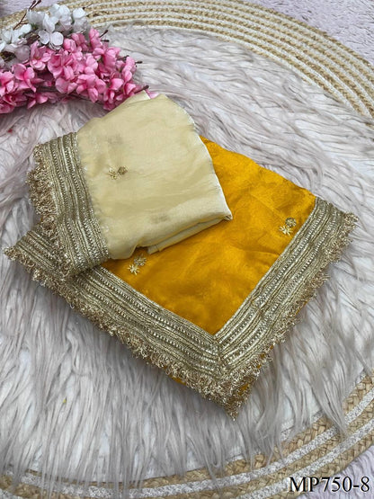 Beautiful Elegant Rich Look Fandy Satin Saree With Sequence Butti & Elegant Designer Lace Border