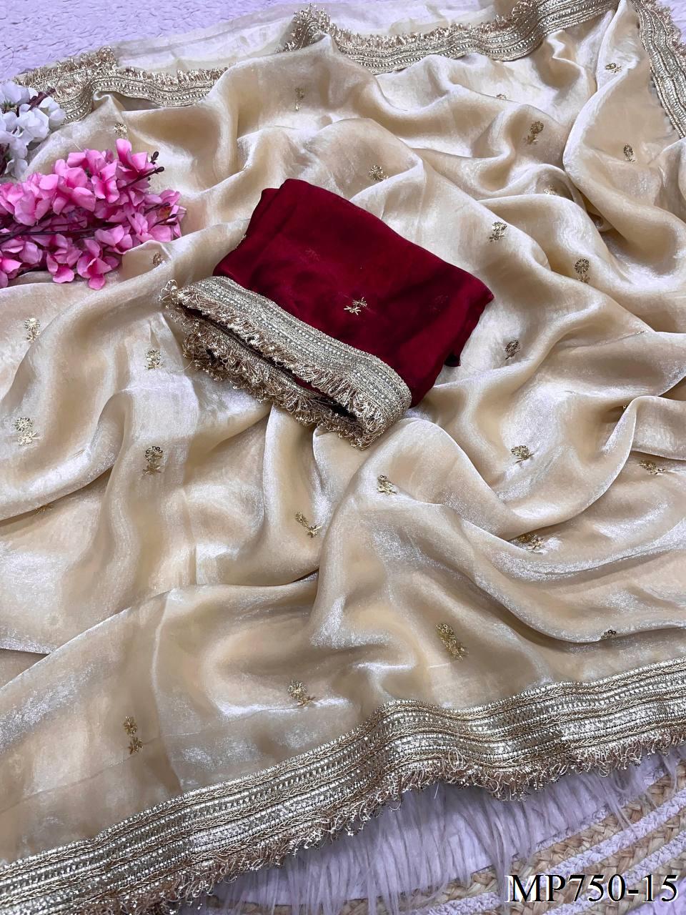 Beautiful Elegant Rich Look Fandy Satin Saree With Sequence Butti & Elegant Designer Lace Border