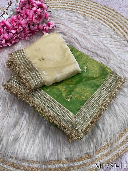 Beautiful Elegant Rich Look Fandy Satin Saree With Sequence Butti & Elegant Designer Lace Border
