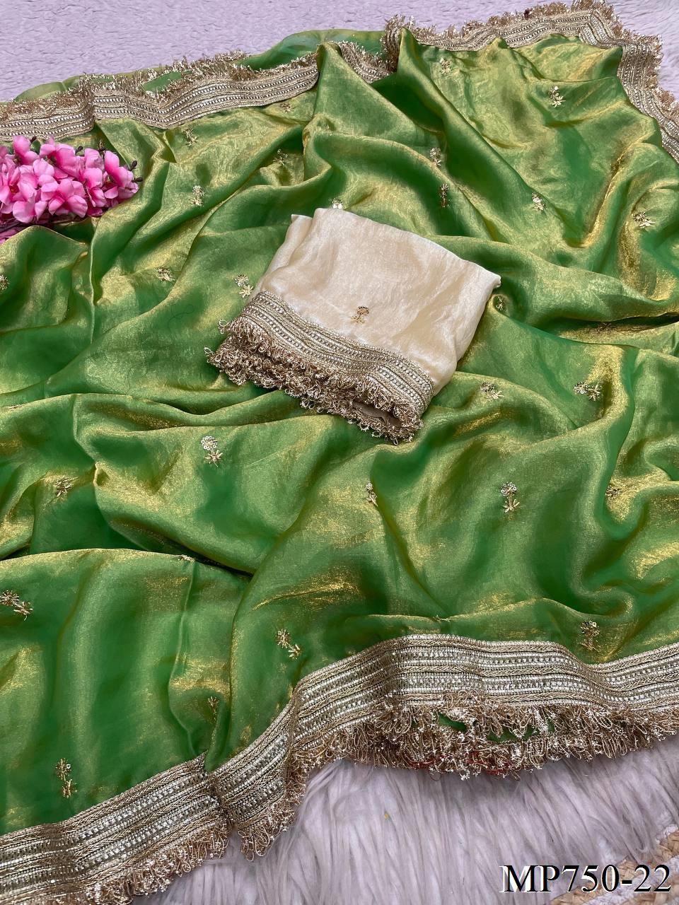 Beautiful Elegant Rich Look Fandy Satin Saree With Sequence Butti & Elegant Designer Lace Border