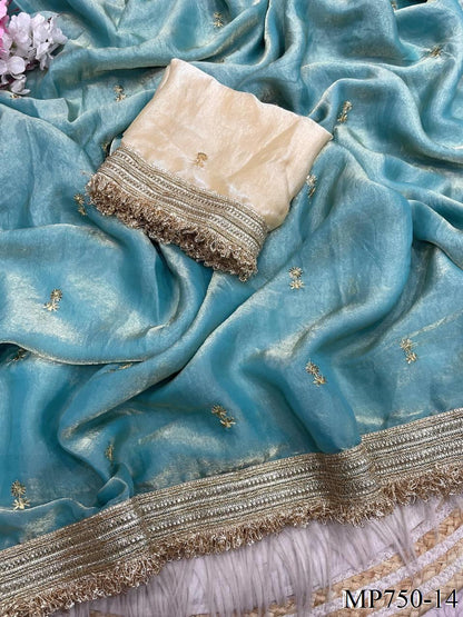 Beautiful Elegant Rich Look Fandy Satin Saree With Sequence Butti & Elegant Designer Lace Border