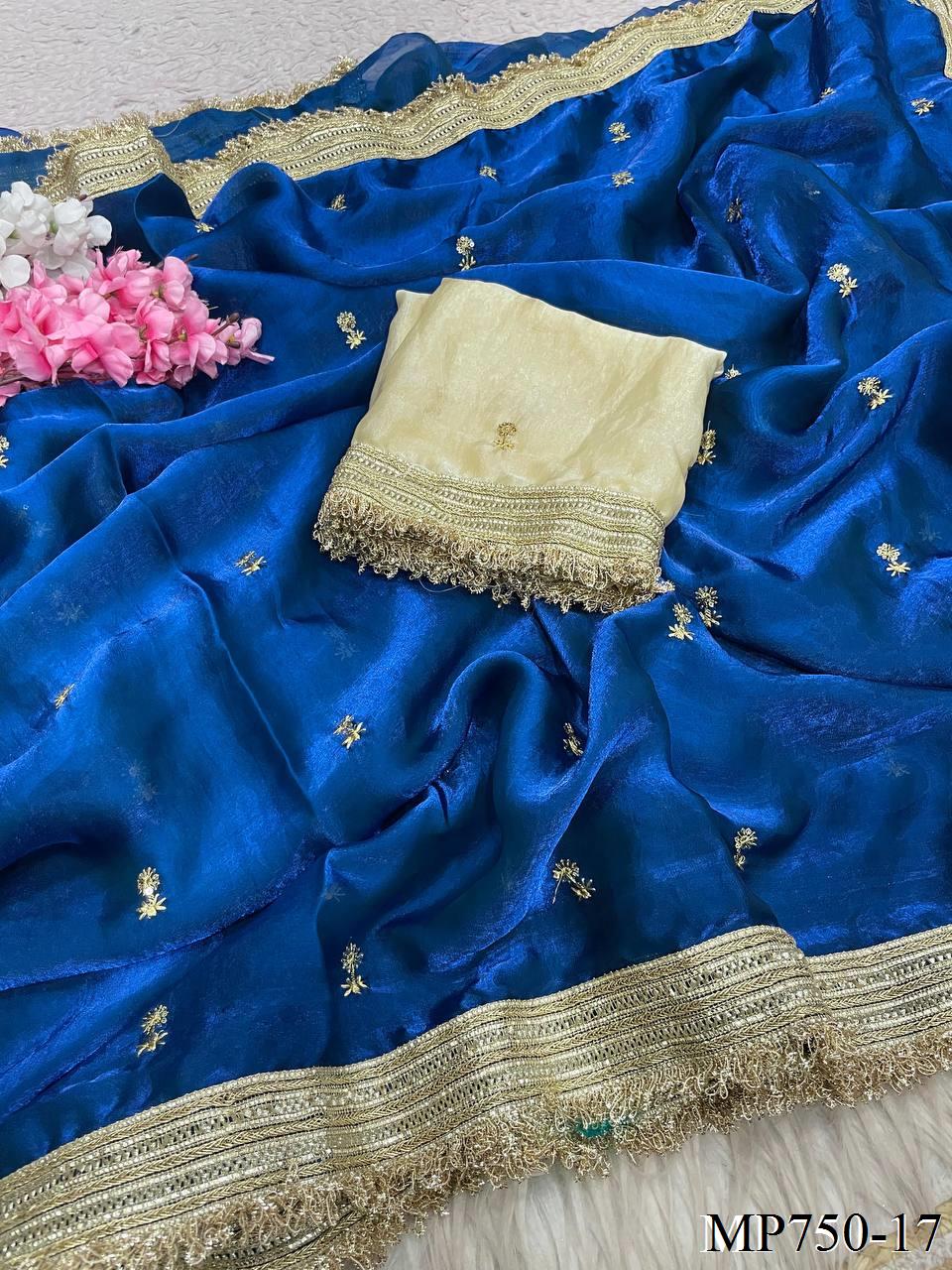 Beautiful Elegant Rich Look Fandy Satin Saree With Sequence Butti & Elegant Designer Lace Border