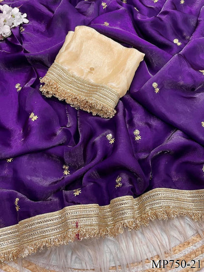 Beautiful Elegant Rich Look Fandy Satin Saree With Sequence Butti & Elegant Designer Lace Border